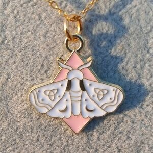2/$10 Gold and Pink Moth Pendant Necklace